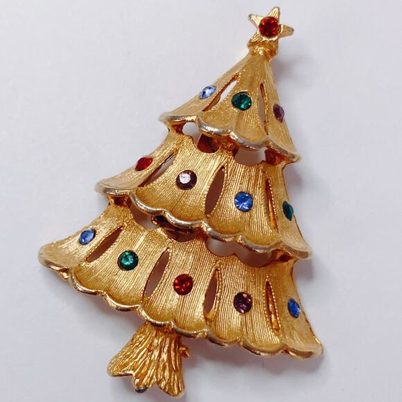 VTG Signed JJ Jonette Gold Tone Christmas Tree Brooch Pin Colorful Crystals - Picture 7 of 10